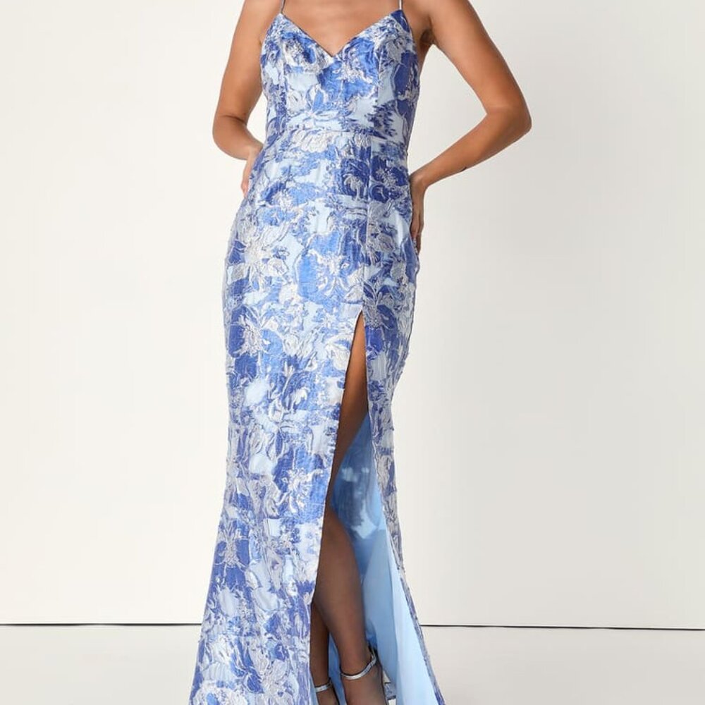 Light Blue Floral Jacquard Mermaid Maxi Dress